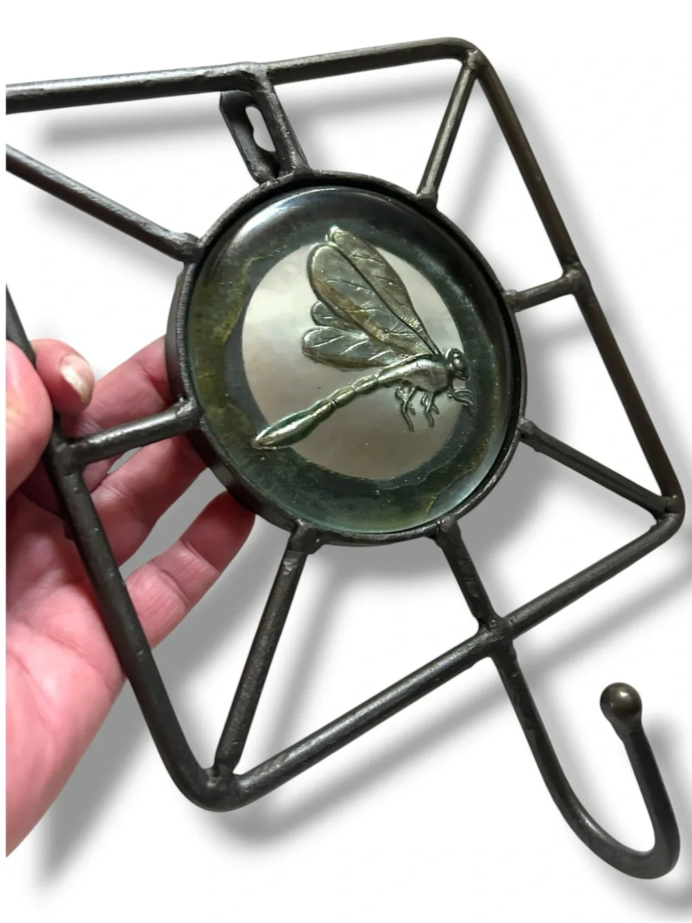 Rustic Dragonfly Print Under Glass Cast Iron Wall Hook Accent Foyer Garden Bath